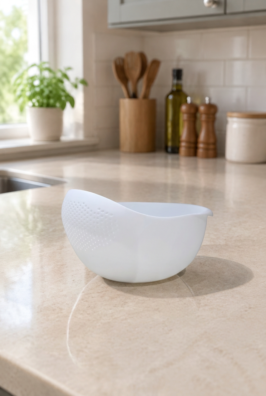 White bowl in the matching kitchen